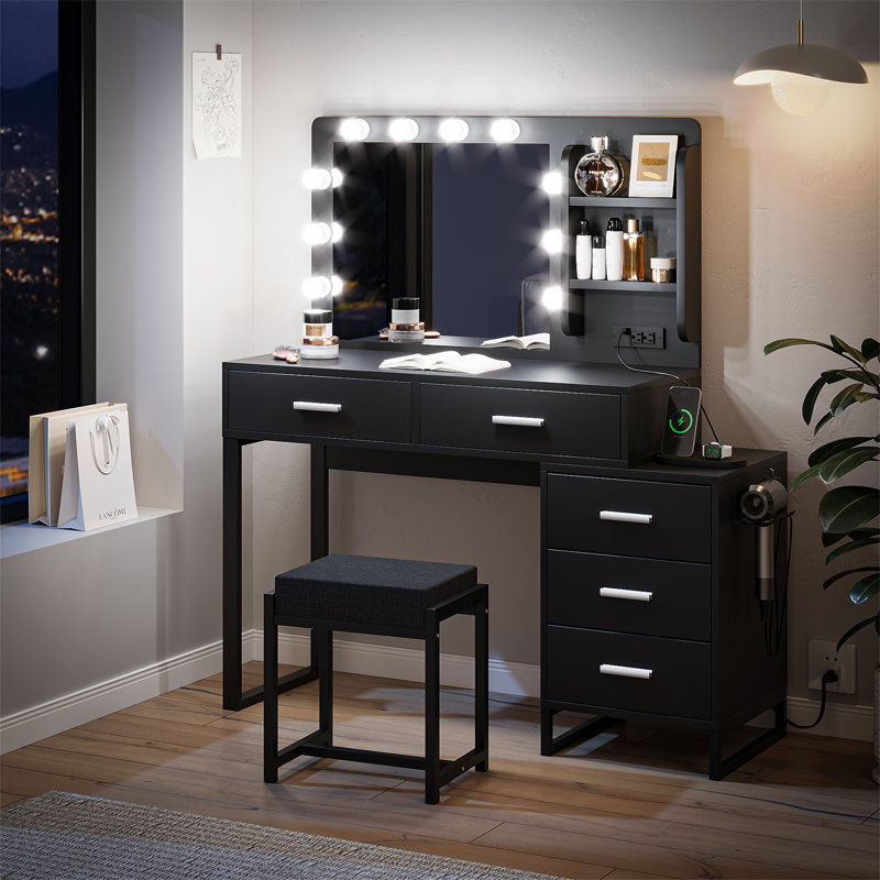 Bureau de coiffeuse avec multiprise, Noir antique