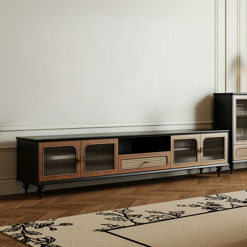 Meuble télé rétro en bois manufacturé noir, H 21,65 po x L 86,61 po x l 15,75 po