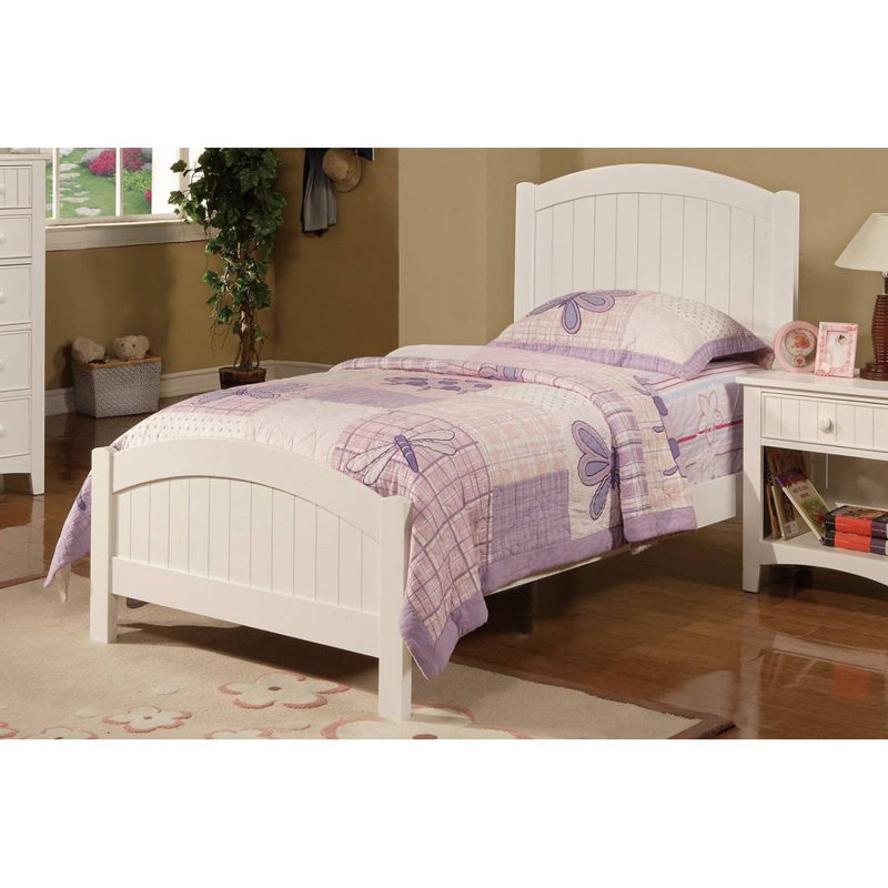 White Color Twin Size Bed Youth Bedroom Furniture Vertical Lines Carved Headboard Plywood, White