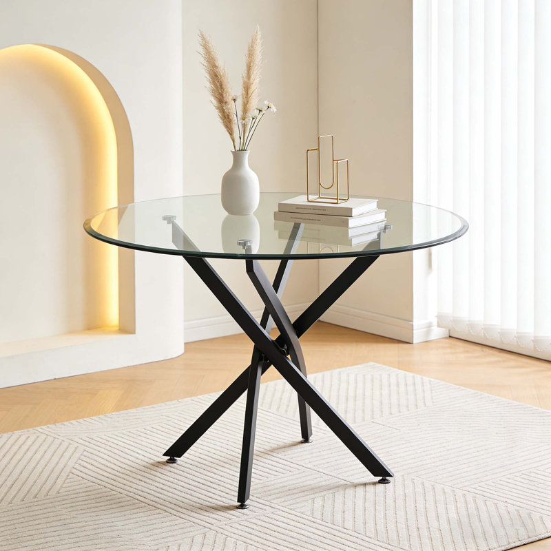 Lakeicha Round 36'' Glass Top Metal Base Dining Table, Black