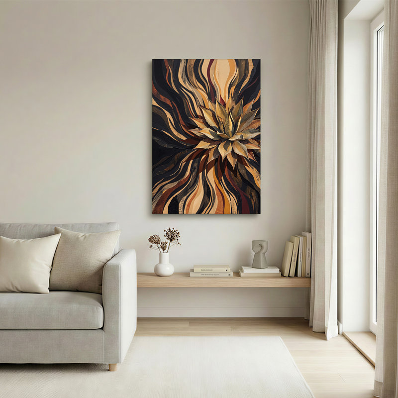 Agave, plante avec toile abstraite noire et dorée, art sur toile, 48"H x 36"W