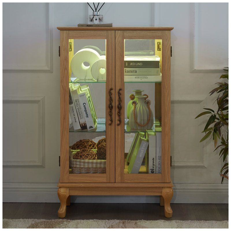 Vitrine lumineuse avec portes en verre trempé - Vitrine en chêne clair avec lumières DEL, panneau arrière en miroir et tablettes réglables pour la maison et le bureau