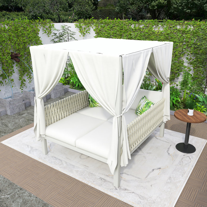 Lit de bronzage d'extérieur avec rideaux, Beige