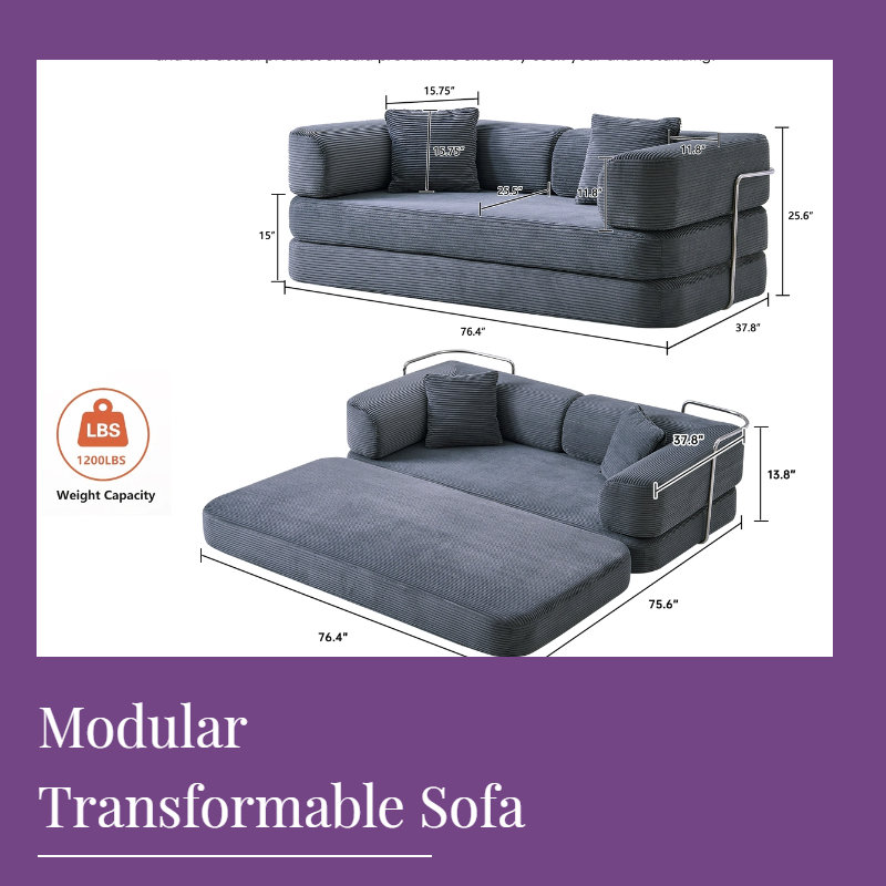 Canapé-lit modulaire en velours côtelé reconfigurable 5-en-1, Gris