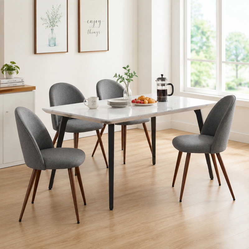 Ensemble de salle à manger 5 pièces en marbre blanc avec 4 chaises rembourrées en tissu gris et pieds en métal, Grey