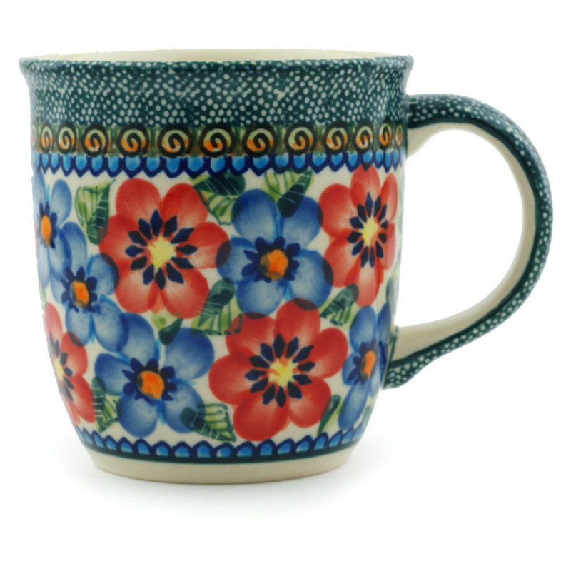 12 oz. Tasse en grès - coquelicots bleus et rouges