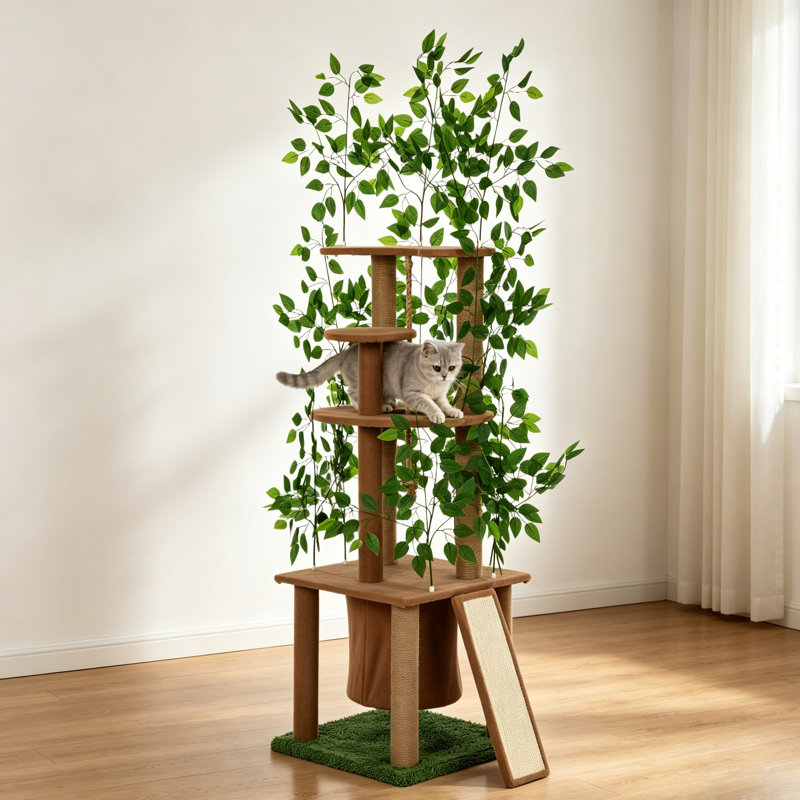 Arbre à chat avec feuilles artificielles, grand arbre à chat multifonction pour chats