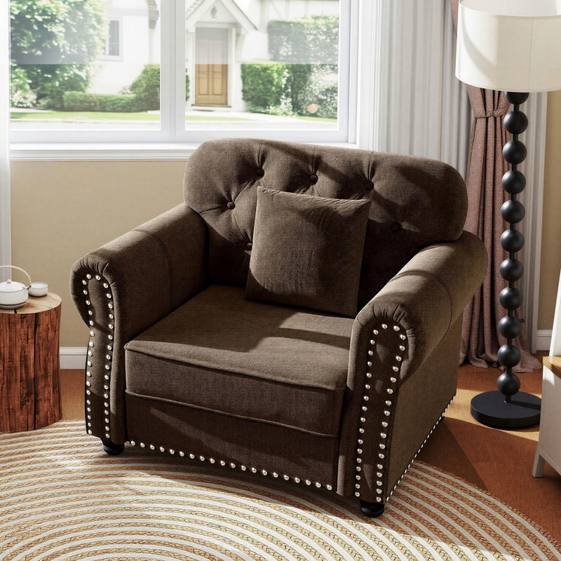 Fauteuil en velours de 41 po avec structure et coussin en bois massif, brun, Brown