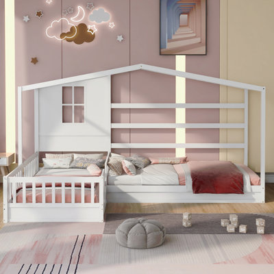 Wood House Bed Twin Size, 2 Twin Solid Bed L Structure With Fence And Slatted Frame