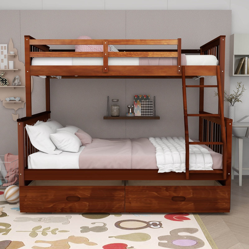 Desmona Twin Over Full Wood Bunk Bed With Two Storage Drawers, Walnut