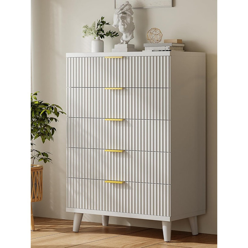 Commode blanche pour chambre à coucher, tiroirs hauts en bois, commode moderne cannelée 5 tiroirs blanc