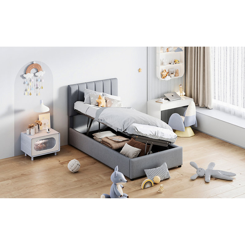 Lit de rangement hydraulique gris pour lit simple avec plateforme élégante