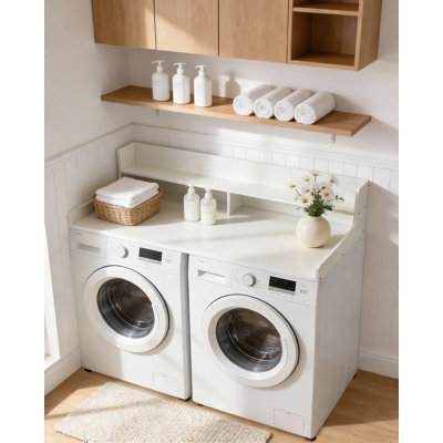 54" x 27.5" Over Washer Dryer Laundry Shelf, Heavy Duty Wooden Countertop Topper with 12" Fences, Farmhouse Decor Storage Organizer Table for Laundry Room