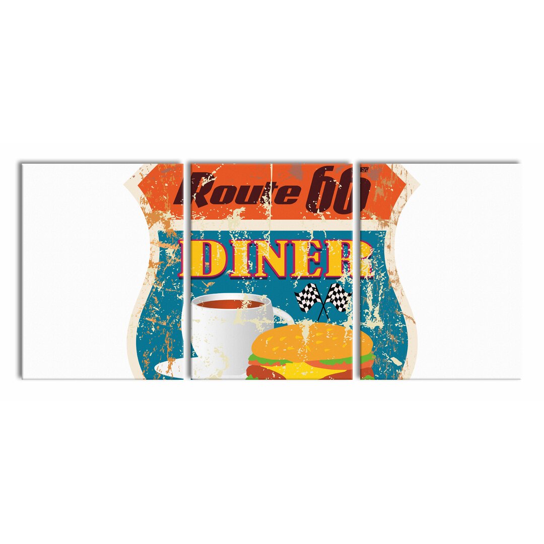 3-tlg. Leinwandbilder-Set Altes Route 66 Schild Diner