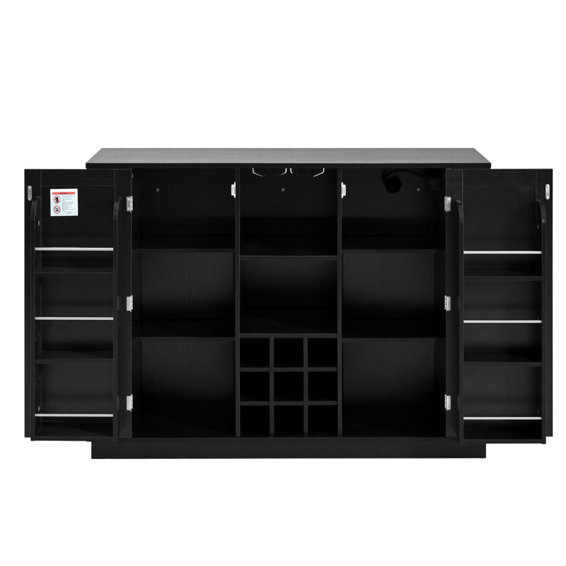 Kitchen Island With Drop Leaf & Power Outlet, Wine Bar Cabinet With Bottle Rack & Glass Holder, Coffee Bar, 2-door Buffet Sideboard With Side Shelves