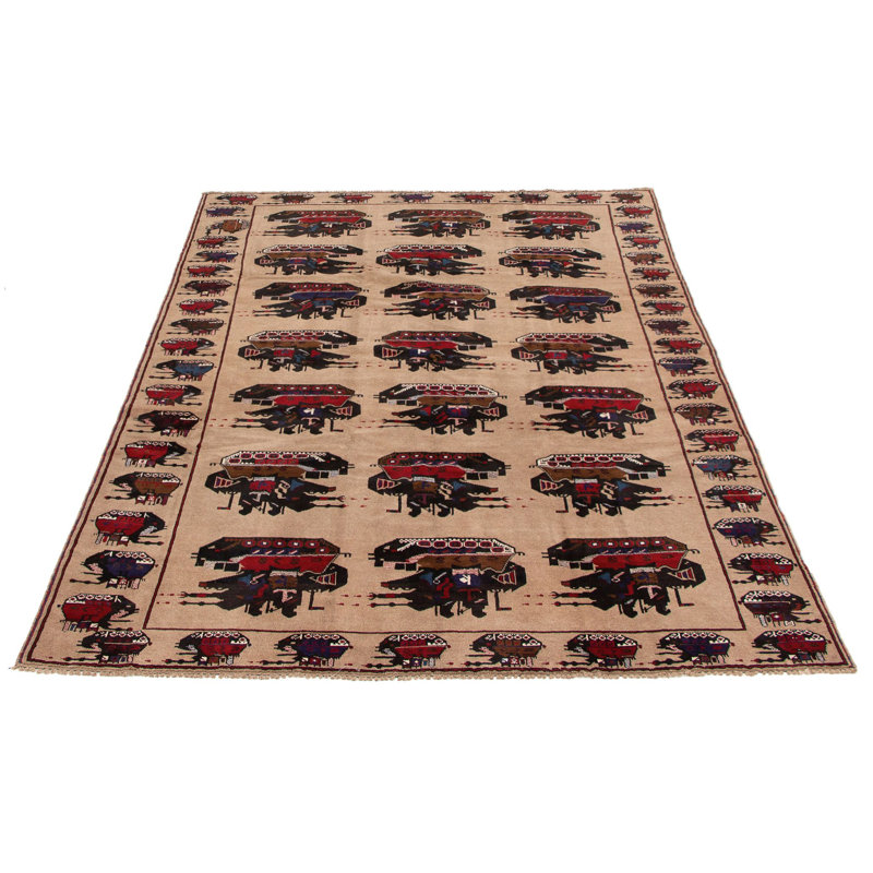 Tapis décoratif beige en laine noué à la main de conception unique 6 pi 8 po X 9 pi 6 po noué à la main New Age