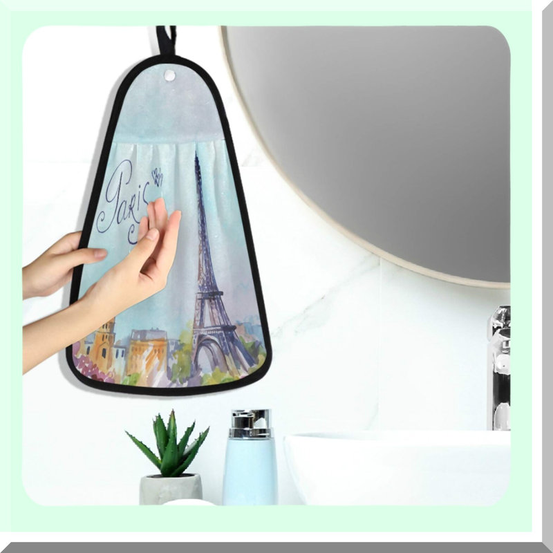Eiffel Elegance Hand Towel - Soft Absorbent Kitchen & Bathroom Decor with Hanging Loop for Easy Drying and Cleaning