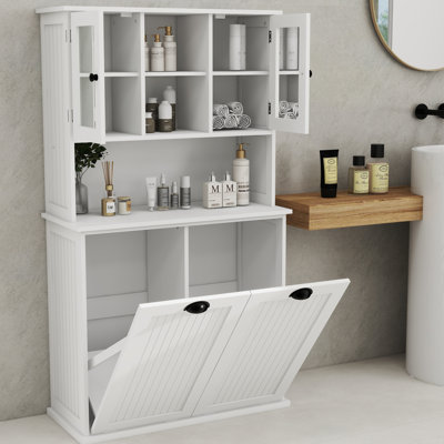 Two-Compartment Tilt-Out Dirty Laundry Basket Tall Bathroom Cabinet With 2 Adjustable Shelves