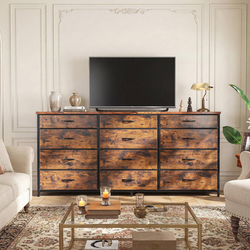 Commode de rangement de 55 po de largeur avec 12 tiroirs en tissu, support de télévision robuste en métal pour la chambre à coucher et le salon