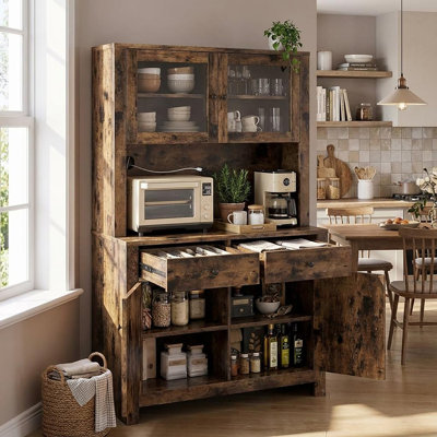 63" Kitchen Pantry Cabinet with Microwave Stand & Drawers, Rustic Brown Kitchen Buffet with Hutch, Freestanding Coffee Bar Station for Kitchen, Dining Room