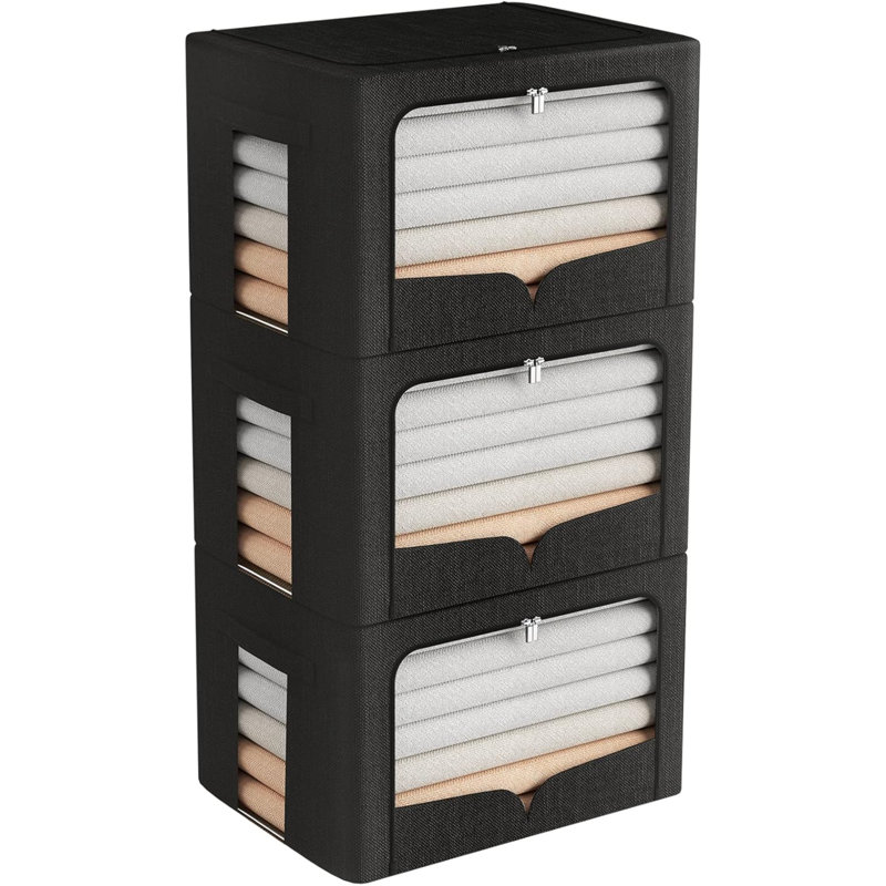 3 Pack Clothes Storage Bins Foldable Metal Frame Storage Box Stackable Linen Fabric Organizer Set With Carrying Handles And Clear Window