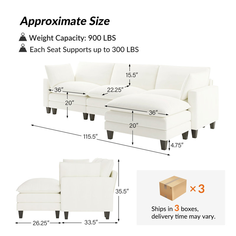 151.5'' Wide Sectional Sofa, Ivory Polyester