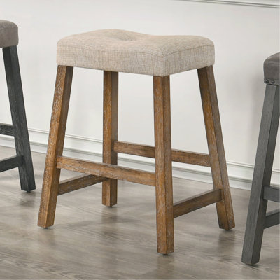 25-inch Distressed Backless Counter Stool Of 2 With Sand Fabric Seat And Padded Cushion, Ideal For Kitchen Entertainment Areas Rustic Wooden Cushioned Construction, Space Breakfast Bar