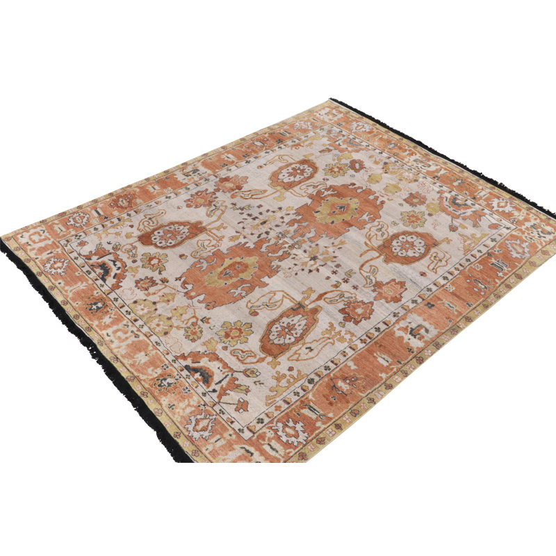 Rug & Kilim's Oushak Rug In White, Orange And Gold Floral Pattern, Rectangle 6' x 9'