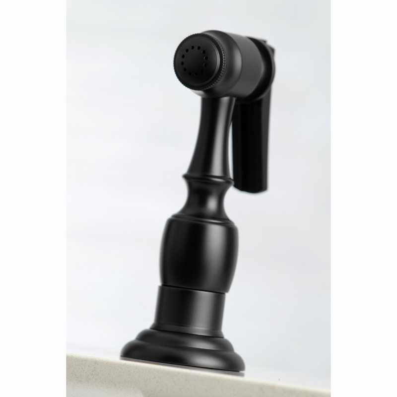 Kingston Brass Restoration Two-Handle 4-Hole Deck Mount Bridge Kitchen Faucet with Brass Side Sprayer, Matte Black