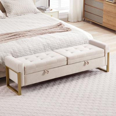 Drewes 66'' W Velvet Storage Bench for Bedroom End of Bed with Double Lids,Gold Legs