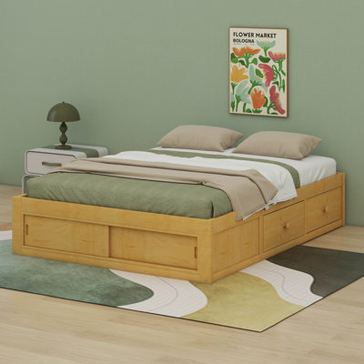 Lit plateforme grand en bois avec 4 tiroirs de rangement et pied de lit avec casier de rangement, cadre de lit plateforme grand sans tête de lit