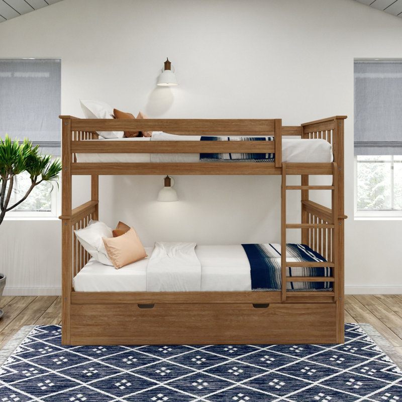 Lit superposé simple au-dessus de simple en bois massif avec lit gigogne Aileana, Lit superposé simple sur simple, Pacanier