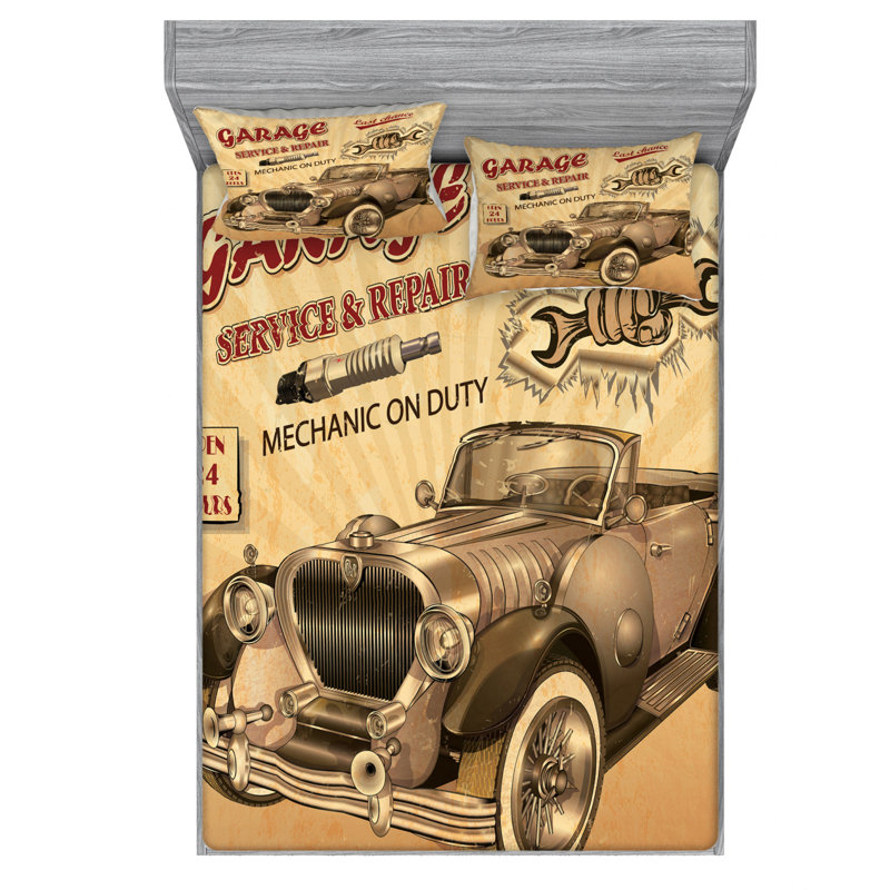 Ensemble de draps Nostalgic Car with Garage, Ensemble de draps pour grand lit avec 2 taies d'or