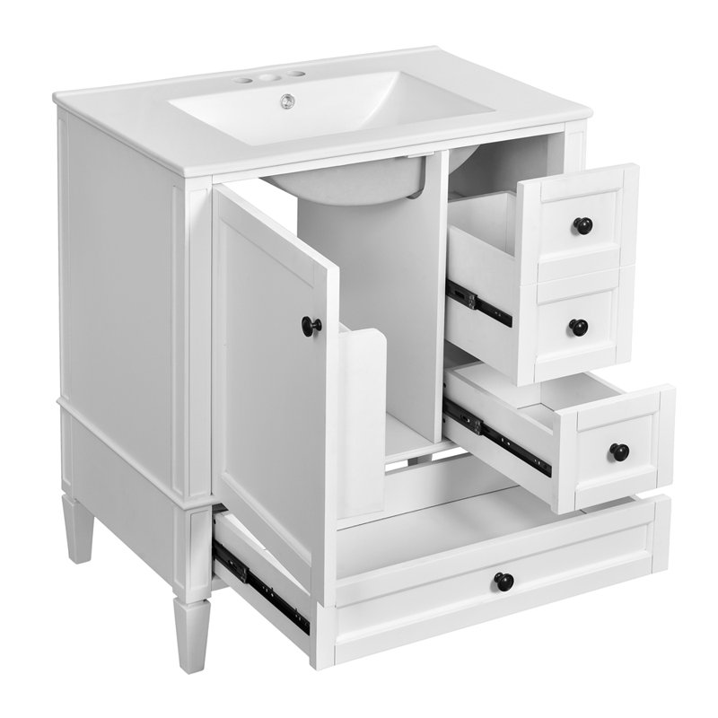 30 Inch Bathroom Vanity with Ceramic Sink, Bathroom Vanity with 3 Drawers, White