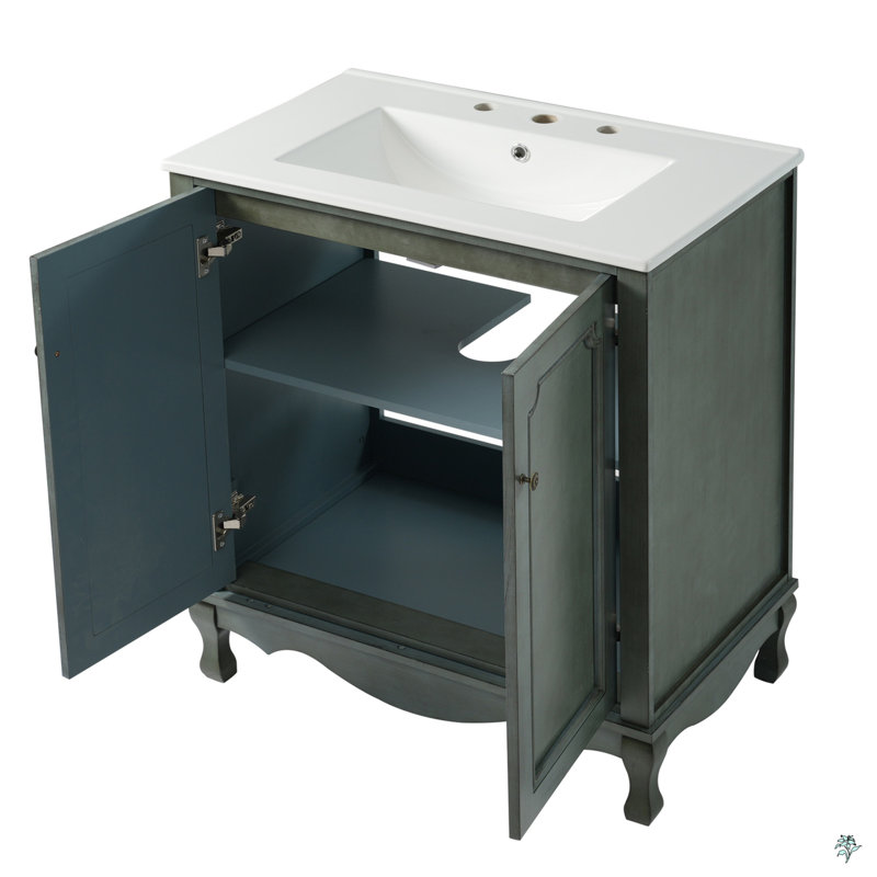 Meuble-lavabo de 30 po avec lavabo rectangulaire en céramique, poignées antiques et 2 portes, pieds en bois d'hévéa et tablettes réglables