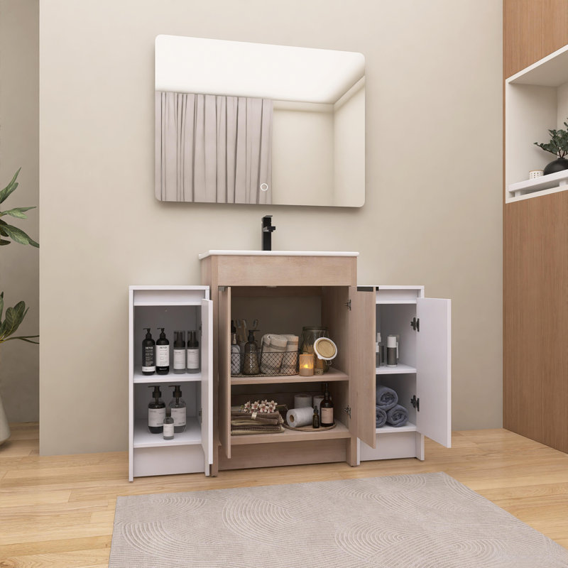48 Inch Freestanding Bathroom Vanity with Ceramic Sink and 2-Storage Cabinets, Soft Closing Doors, Plain Light Oak