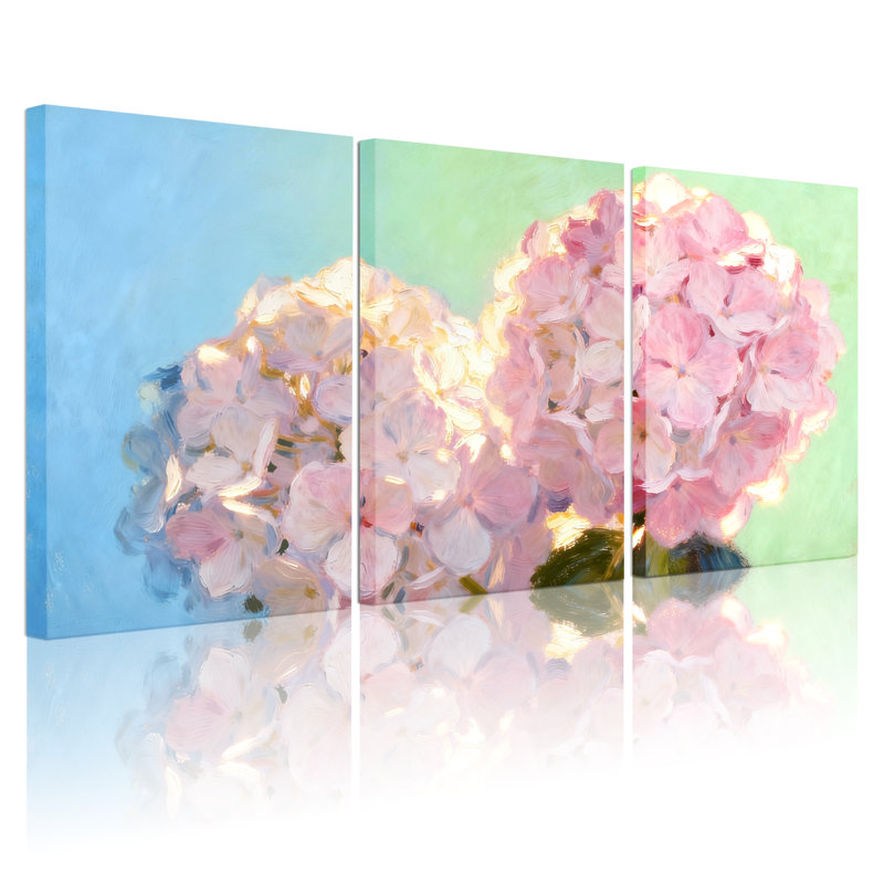 Hortensia fleurs roses sur fond bleu et vert, ensemble de 3 impressions sur toile, H 30 po x l 60 po