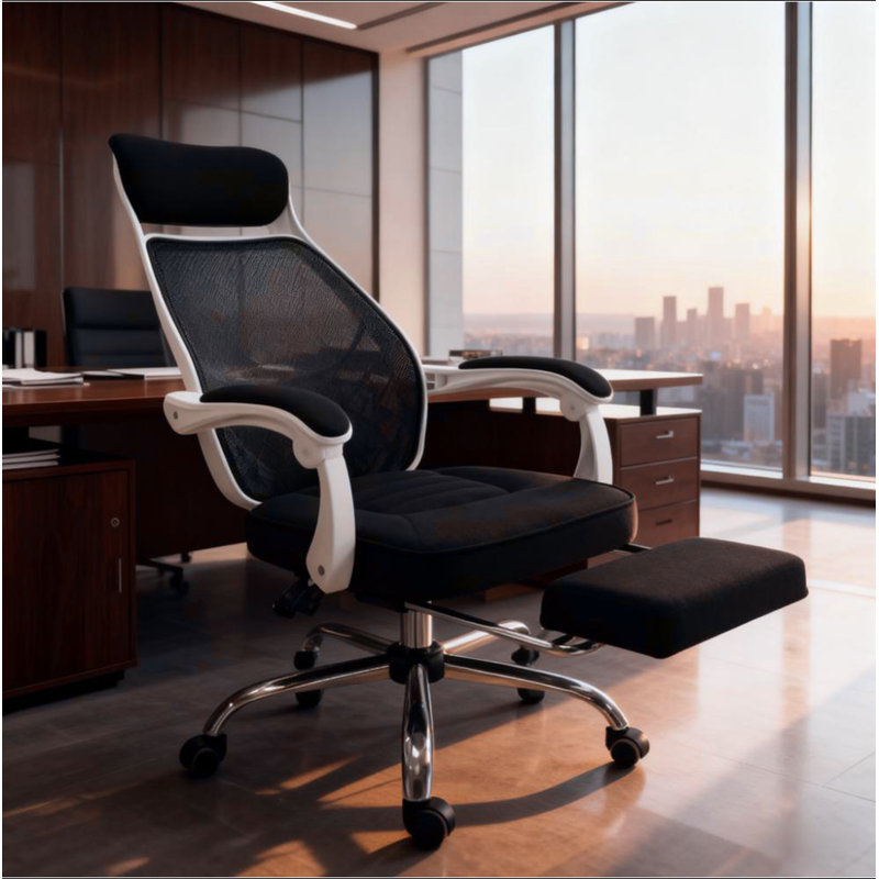 Fauteuil de bureau inclinable et pivotant à dossier haut avec repose-pieds rétractable, appui-tête et accoudoirs rembourrés