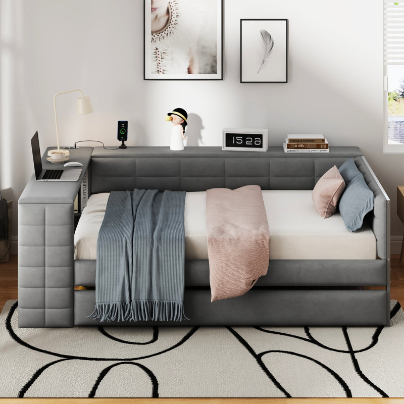 Gray Full Size Upholstered Bed With Storage Shelves, Desk, 2 Ports And Trundle For Comfortable Functional Bedroom Platform In Color Storage, Charging Station Relaxing