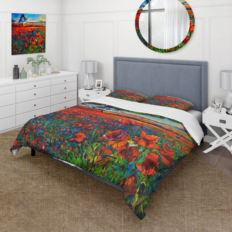 Blossoming Poppy Fields With Distant Tree - Traditional Duvet Cover Set - Microfiber Polyester