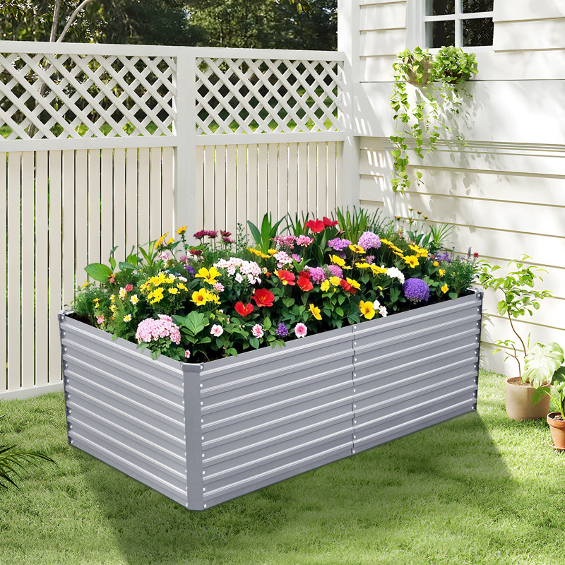 Kymari Galvanized Raised Garden Bed, Multiple Sizes to Choose, Plant Supports Offered, 1, Silver, 24" H x 72" W x 36" D