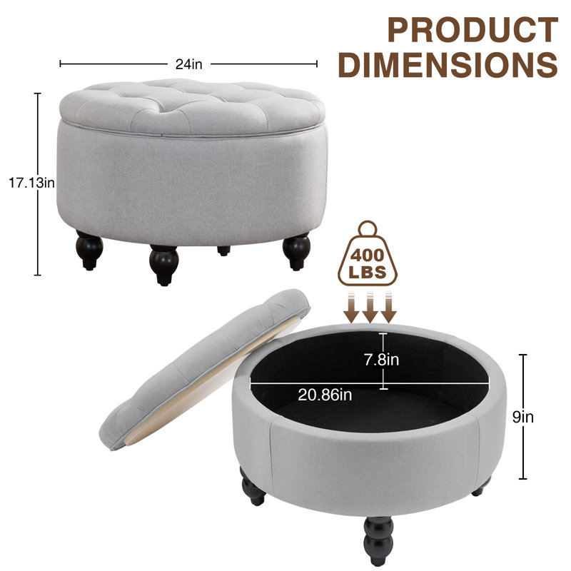 24'' Wide Upholstered Round Storage Ottoman, Gray Linen