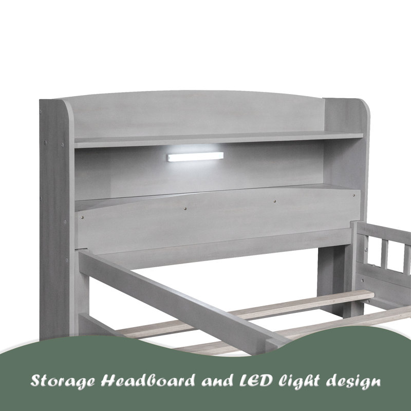 Lit plateforme en bois avec éclairage à DEL intégré, tête de lit avec rangement et garde-corps, Gris antique