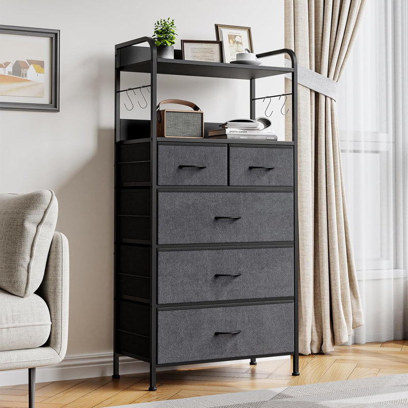 5-Drawer Fabric Dresser with Wood Top, Bedroom Storage Organizer with Steel Frame and Easy-Pull Handles, Grey