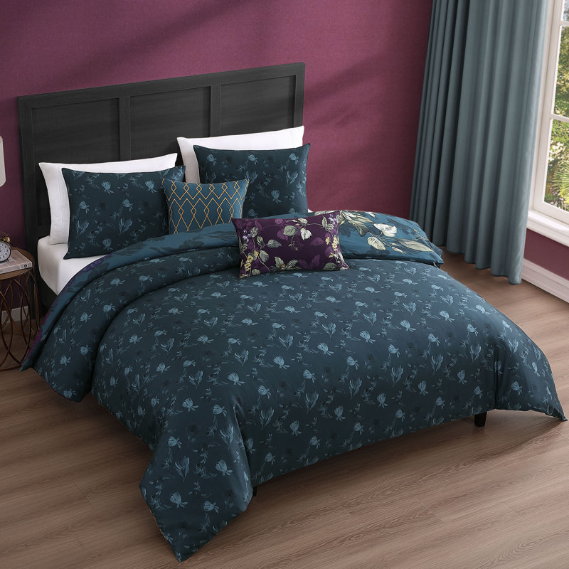 Bebejan Vibrant Flora 100% Cotton Sateen 5 Piece Reversible Comforter Set, King Comforter + 4 Additional Pieces