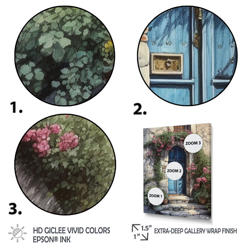 Porte de jardin bleue et rose Rochart II sur impression sur toile, H 32 po x l 16 po x P 1 po, Cadre flottant noir
