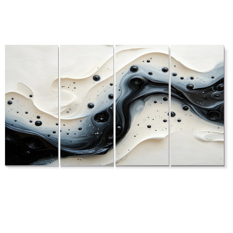 Vague noire et blanche, rivière rythmique VI - goutte d'eau, décoration murale - art mural moderne, H 32 po x l 64 po, 4