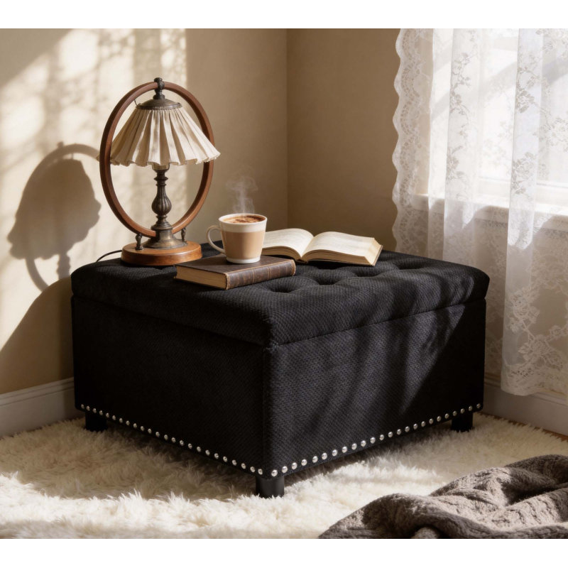 Repose-pieds capitonné avec rangement caché et garniture cloutée pour le salon, la chambre et la maison, Black