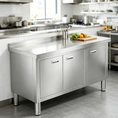 Stainless Steel Commercial Work Table with 3 Doors – Heavy Duty Prep Table & Storage Cabinet, 47"x21"x35", NSF Ready, 0.8mm Thick