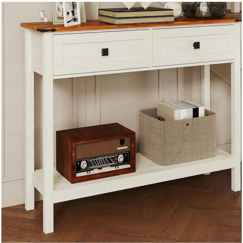 Farmhouse Style Console Table With Dual-Tone Design, 2 Drawers And Bottom Storage Shelf – Rustic Side Table For Entryway, Living Room And Hallway